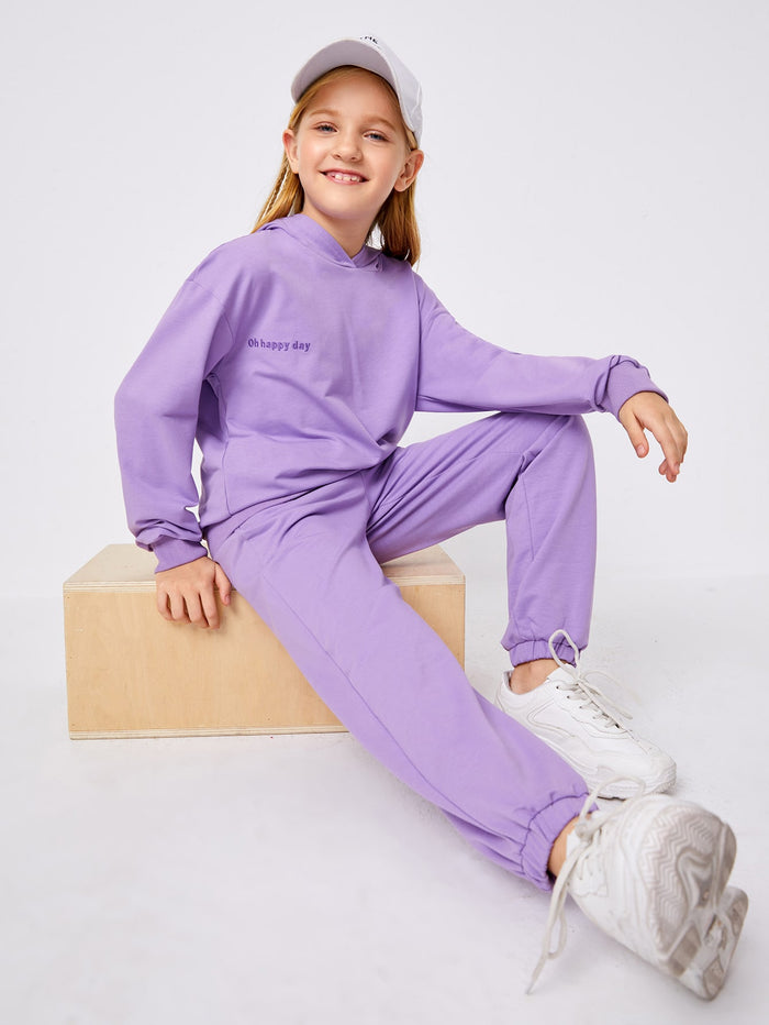 Girls Slogan Embroidered Hoodie & Joggers Set Lilac Purple