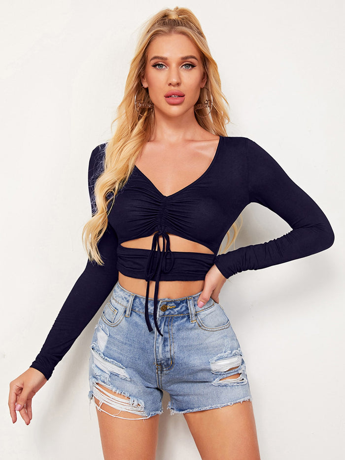 Drawstring Ruched Cutout Crop Top Navy Blue