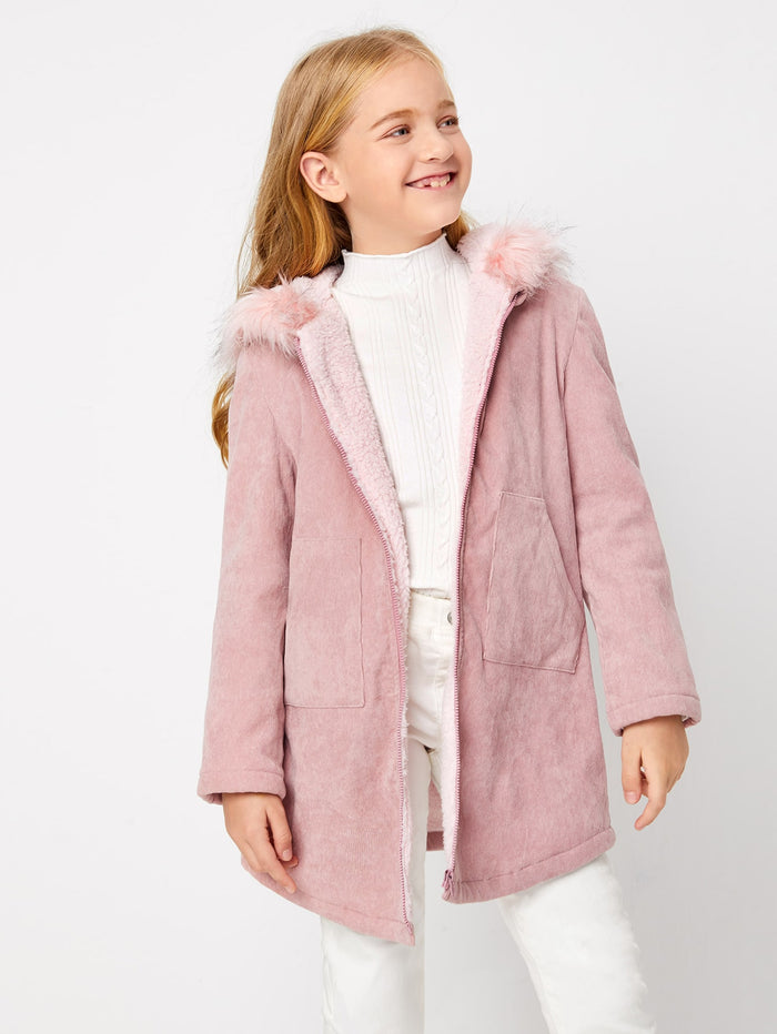 Girls Fuzzy Trim Zip Front Cord Coat Dusty Pink