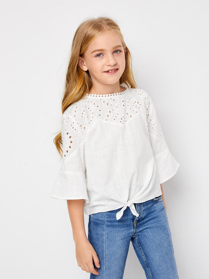 Girls Eyelet Embroidered Yoke Tied Hem Flounce Sleeve Top