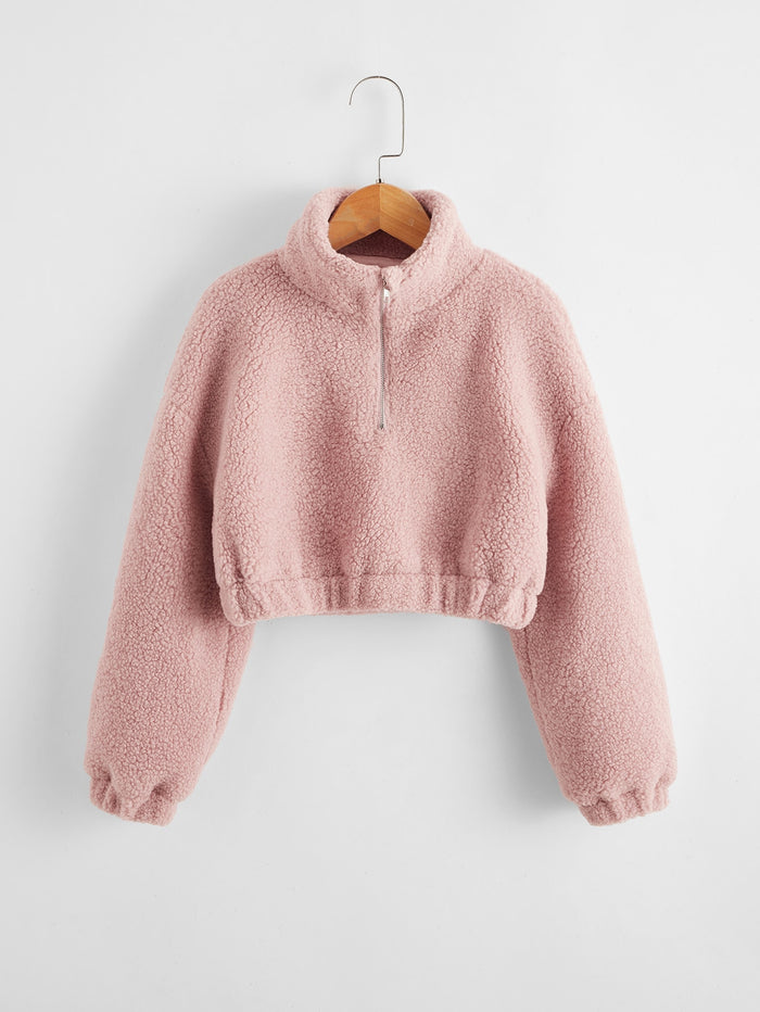 Girls Drop Shoulder Teddy Zip Half Placket Sweatshirt Dusty Pink