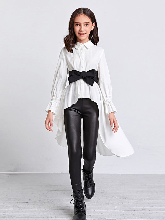 Girls Button Front Belted High Low Blouse