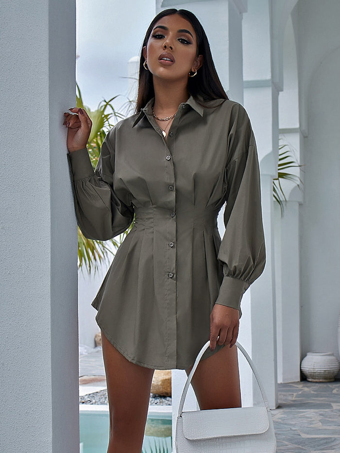 Gathered Waist Curved Hem Longline Blouse Army Green