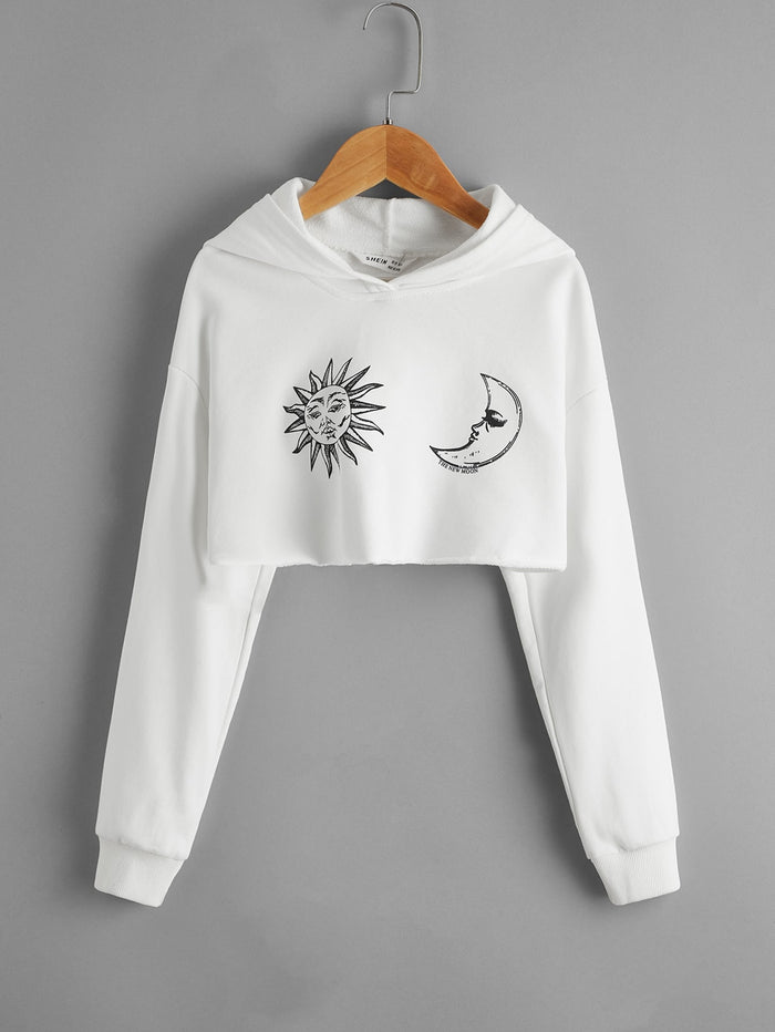 Girls Drop Shoulder Sun & Moon Print Hoodie White