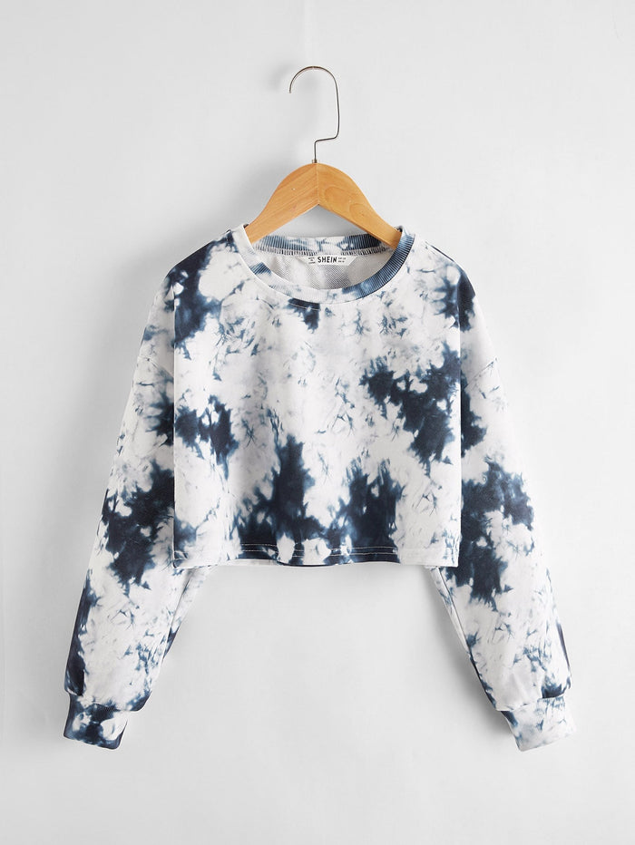 Girls Tie-Dye Wash Boxy Pullover Blue and White