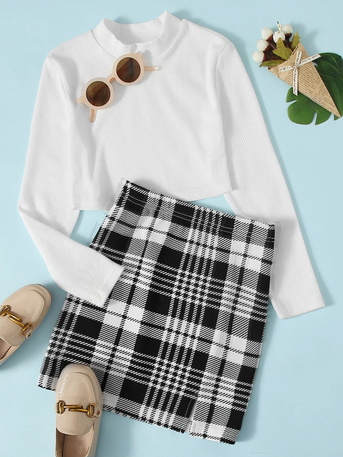 Girls Ribbed Crop Top & Plaid Mini Skirt Black and White