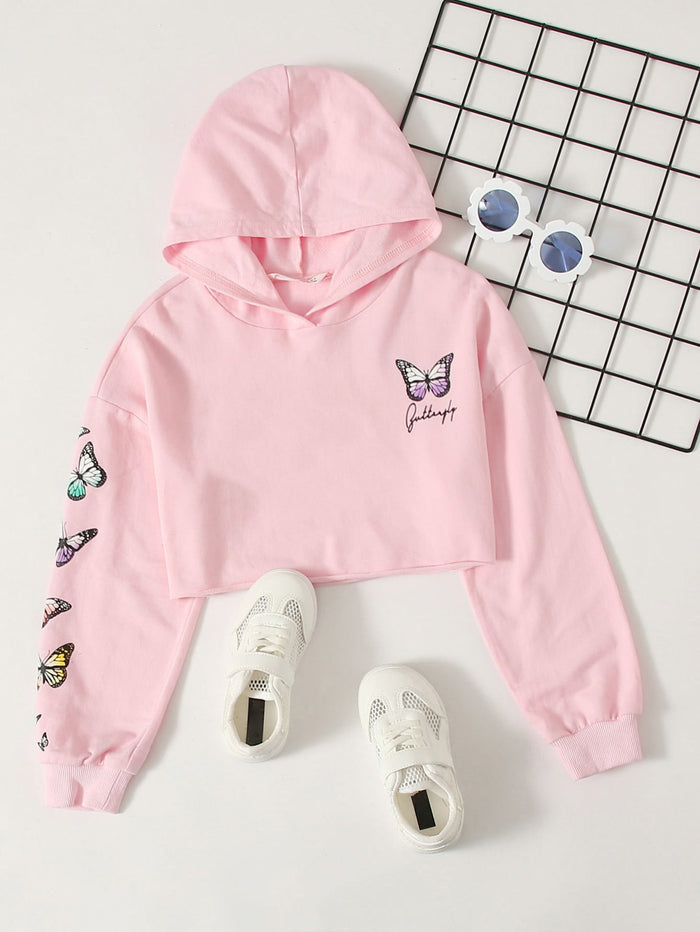 Girls Letter & Butterfly Print Hoodie Baby Pink