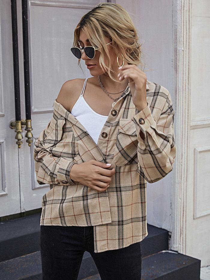 Drop Shoulder Plaid Blouse Khaki