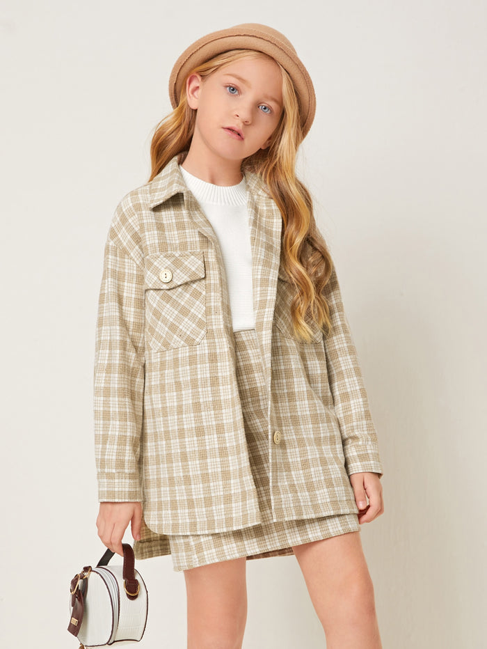 Girls Pocket Front Tweed Coat & Skirt Set