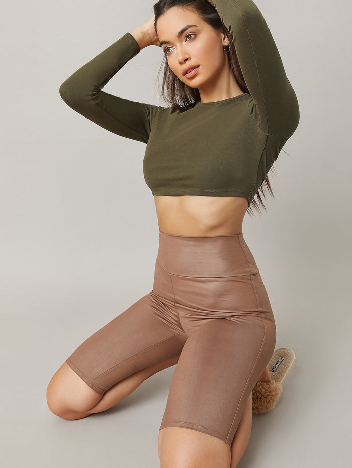 BASICS Solid Fitted Crop Top Army Green