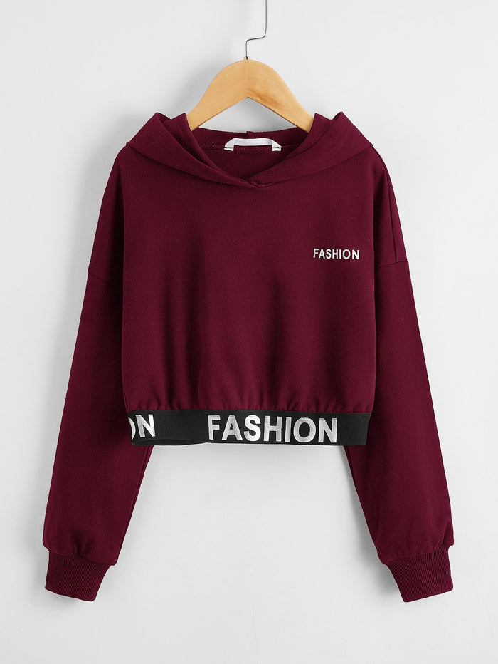 Girls Drop Shoulder Reflective Letter Graphic Crop Hoodie Maroon