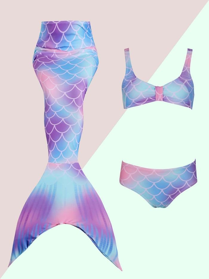 3pack Toddler Girls Fish Scales Bikini Swimsuit & Mermaid Tail