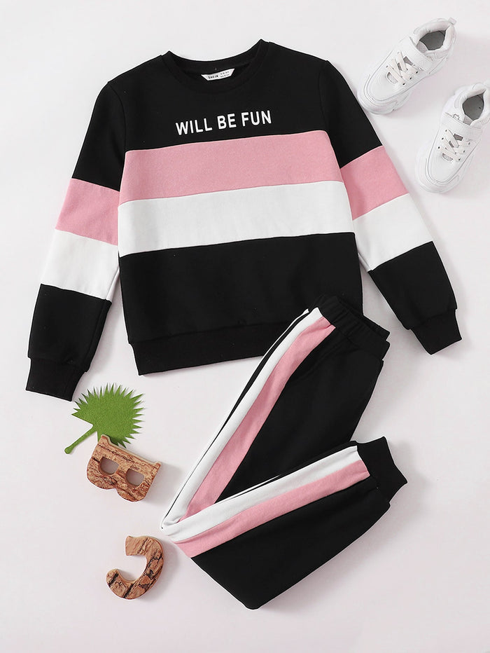 Girls Letter Graphic Colorblock Pullover & Contrast Sideseam Sweatpants Set