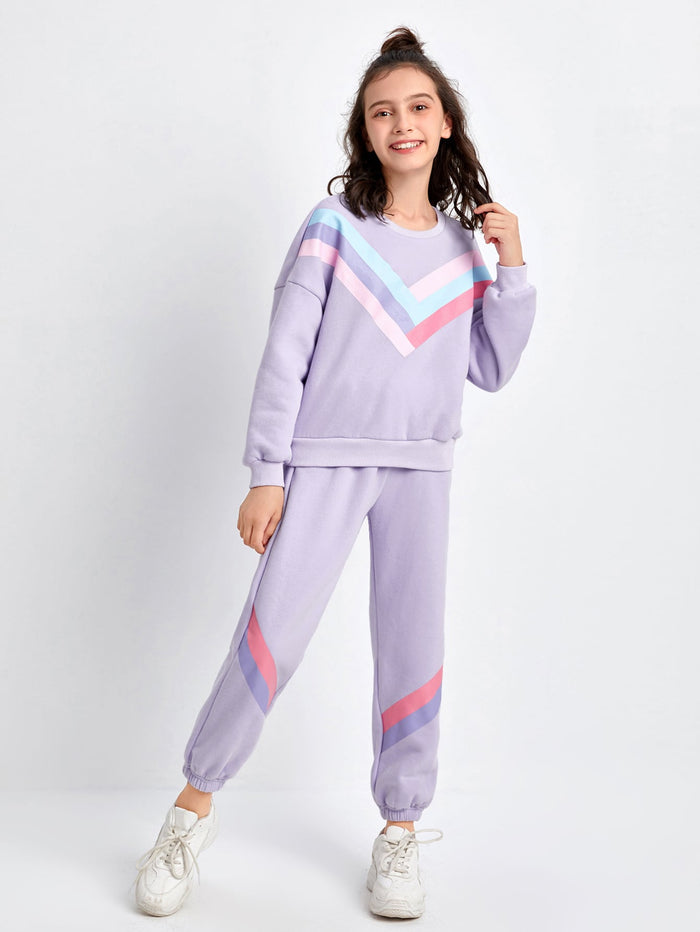 Girls Drop Shoulder Chevron Pullover & Joggers Set