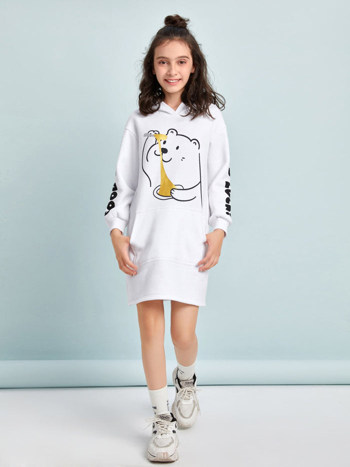 Girls Pouch Pocket Cartoon & Letter Graphic Hooded Dress