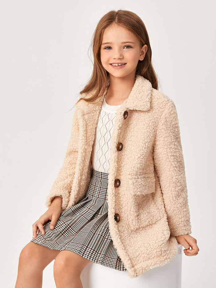 Girls Button Front Teddy Coat Apricot