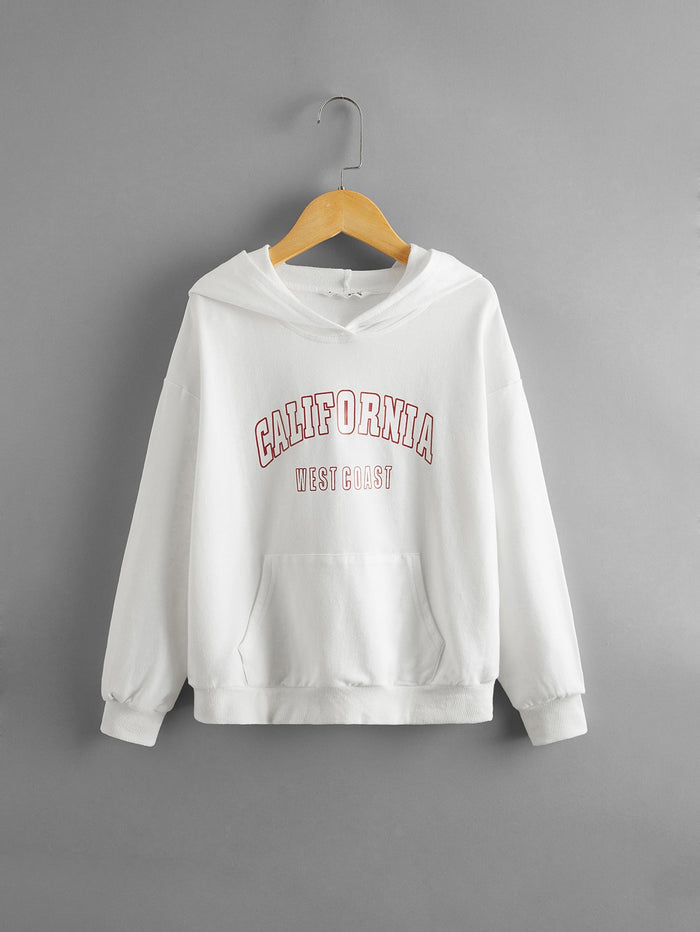 Girls Drop Shoulder Pouch Pocket Hoodie White