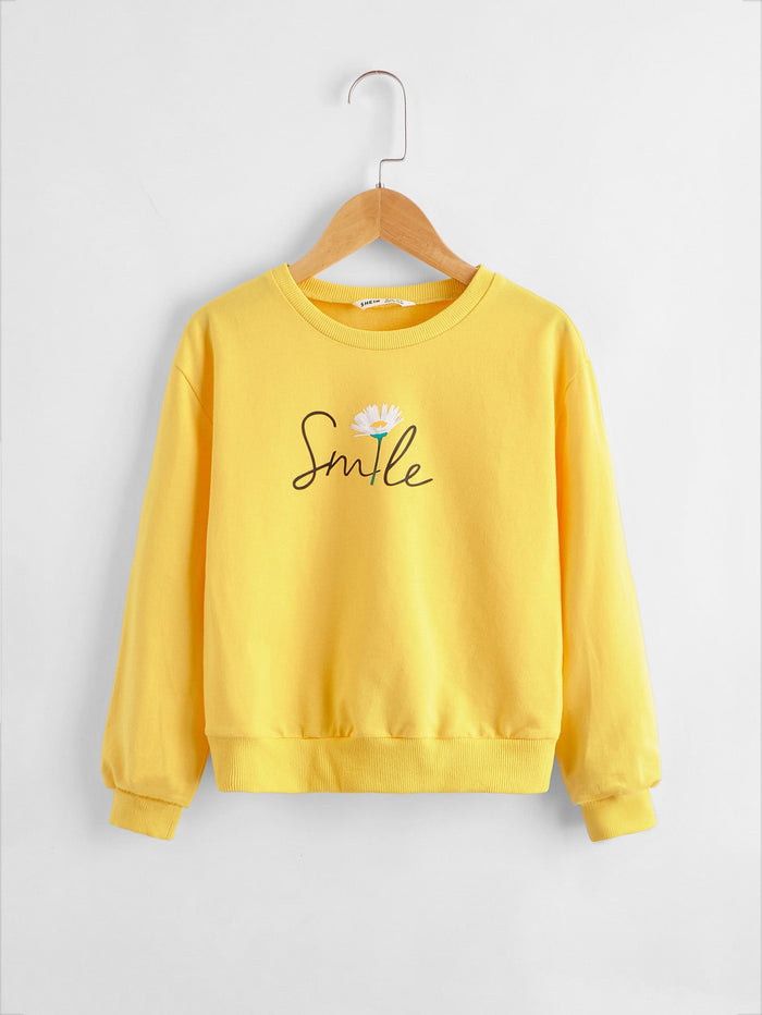 Girls Floral & Letter Print Pullover Yellow