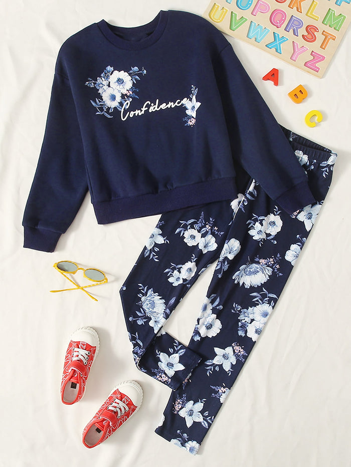 Girls Floral & Letter Graphic Pullover And Leggings Set