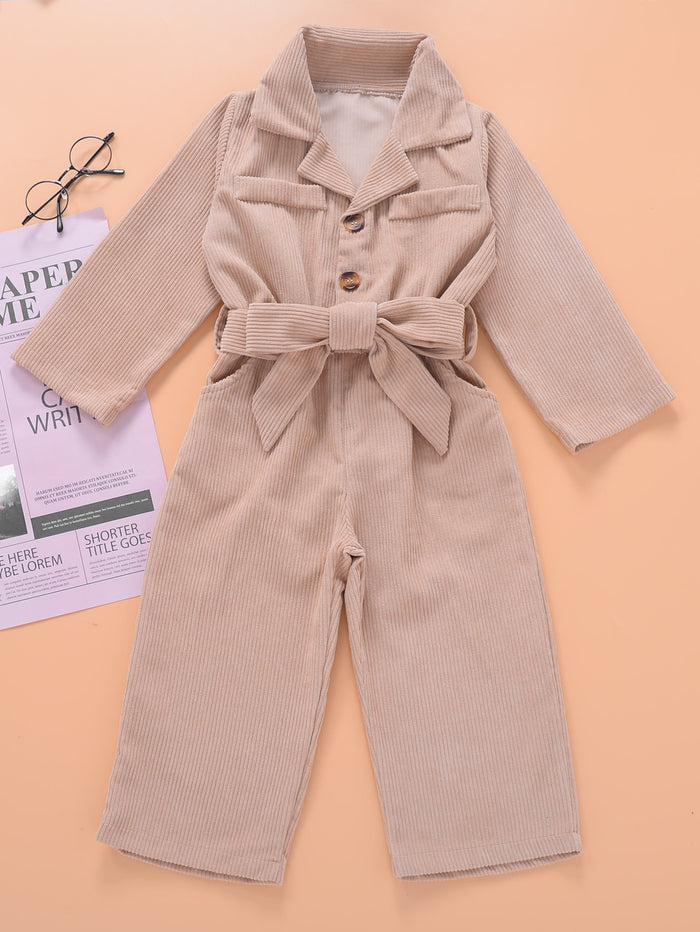 Toddler Girls Self Tie Corduroy Shirt Jumpsuit Khaki