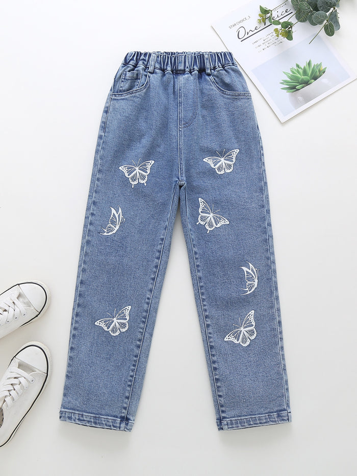 Girls Butterfly Print Jeans
