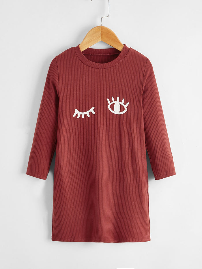 Toddler Girls Eyes Print Ribbed Tee Dress Redwood