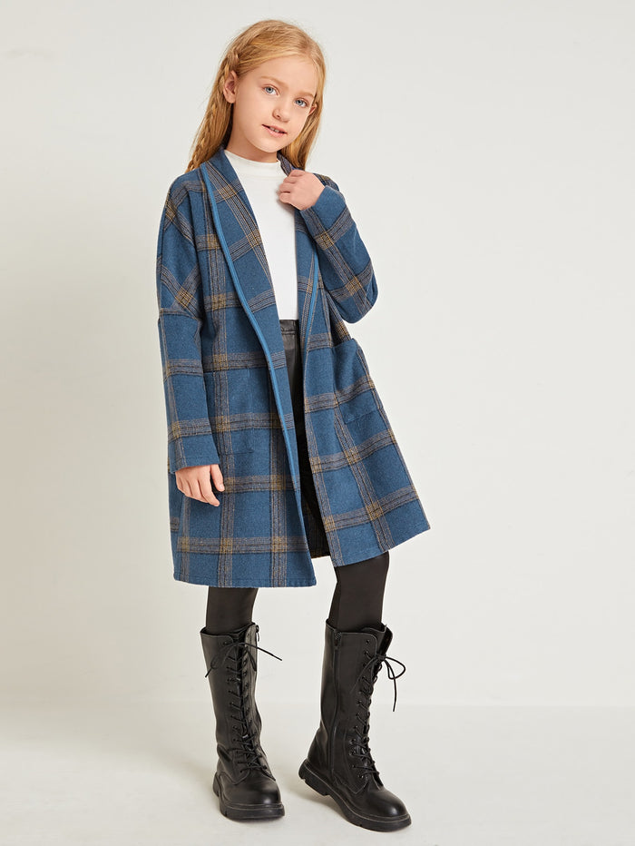 Girls Shawl Collar Patch Pocket Plaid Overcoat Blue