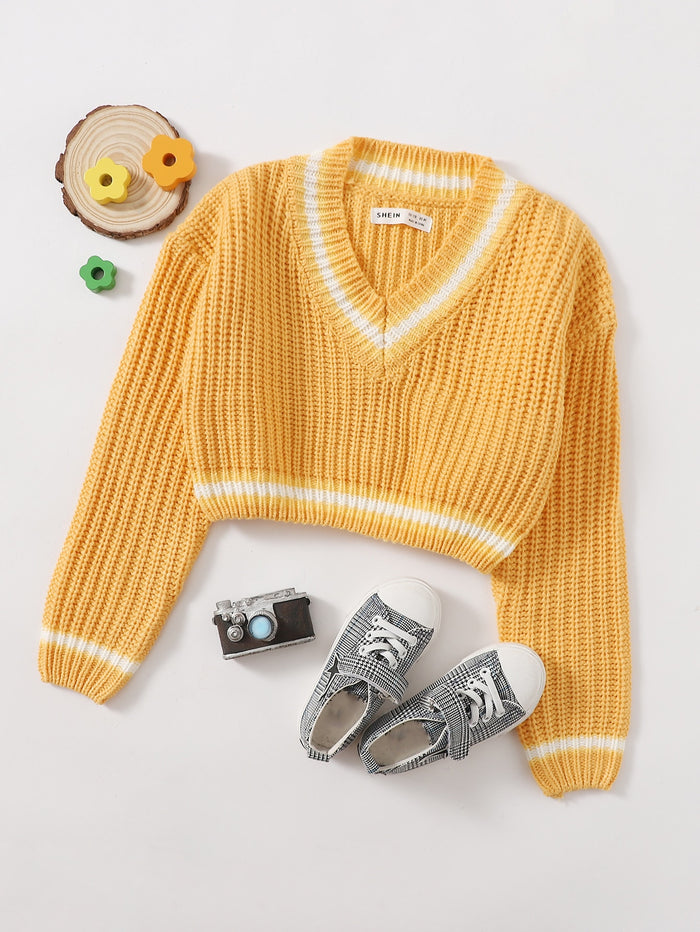 Girls Drop Shoulder Striped Sweater