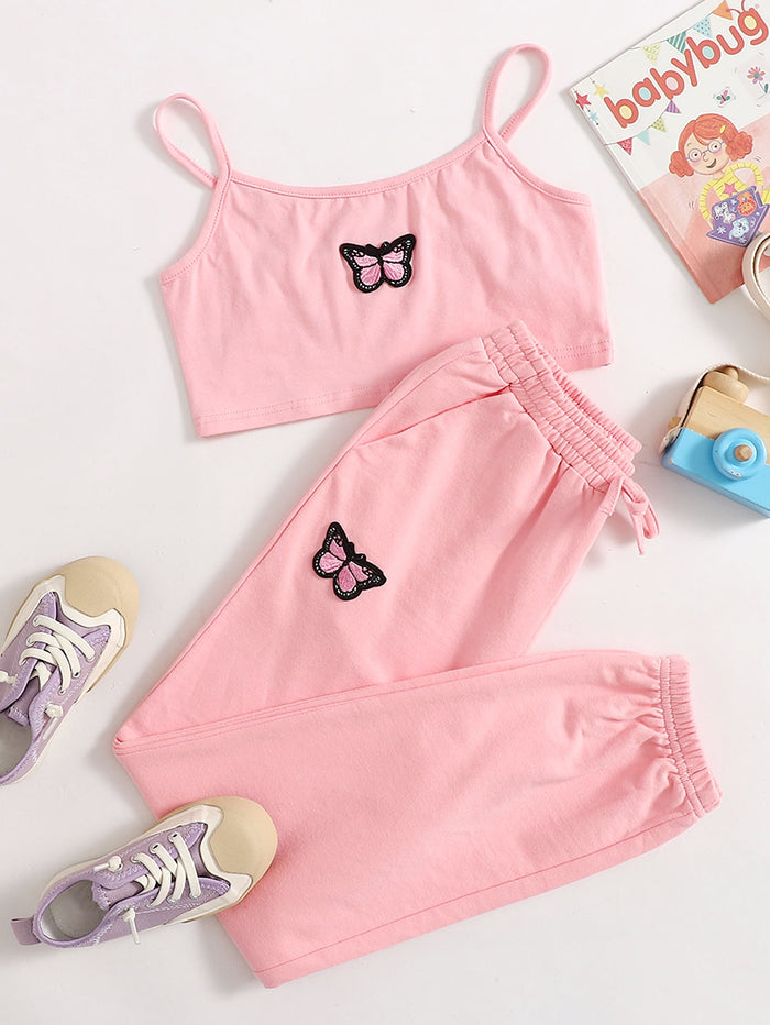 Girls Butterfly Patched Crop Cami Top and Sweatpants Set Pastel