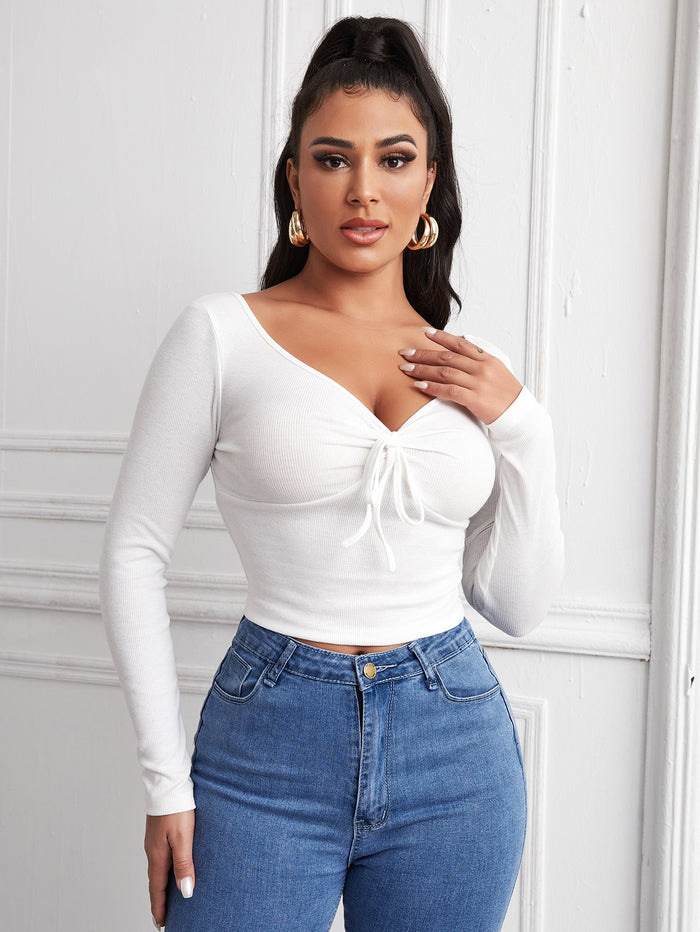 Ruched Knot Front Rib-knit Crop Tee White