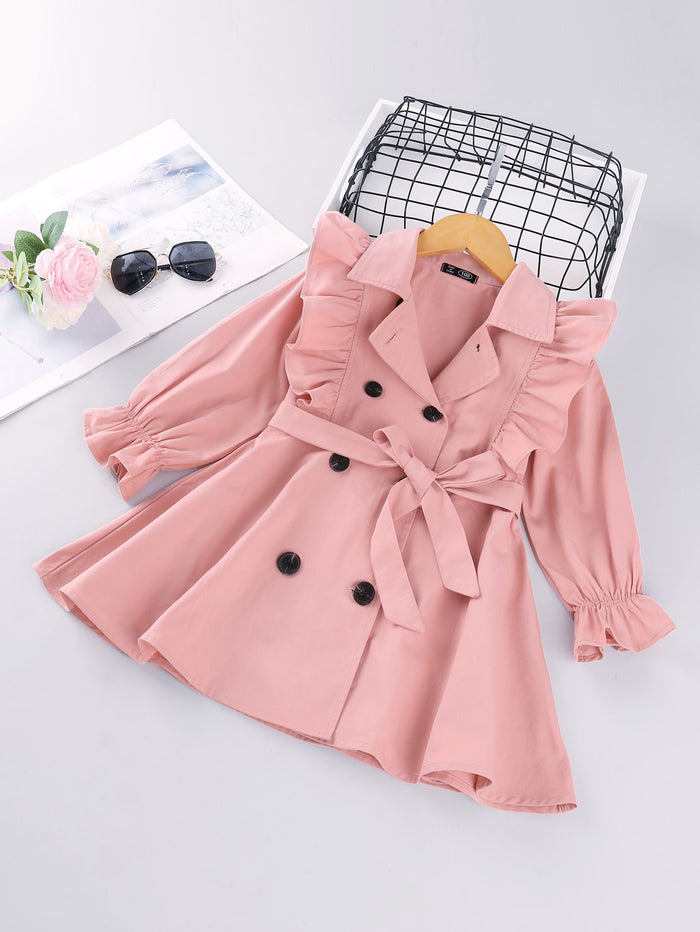 Toddler Girls Double Breasted Ruffle Trim Belted Trench Coat Pink