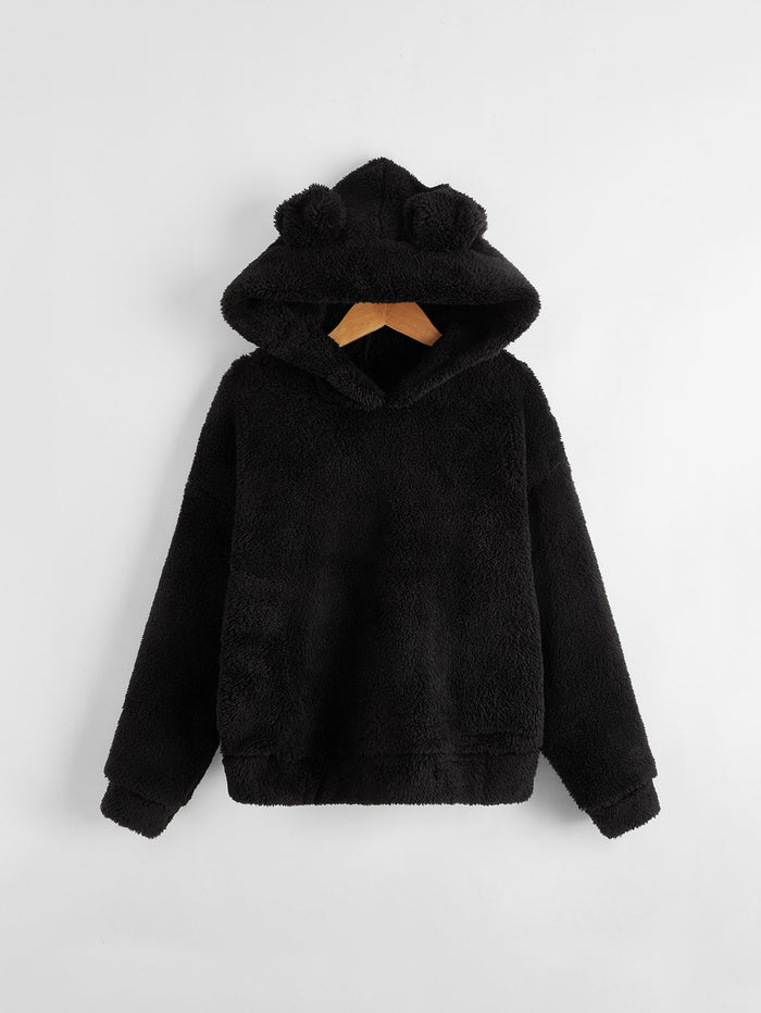 Girls Solid Teddy Ear Hoodie Black