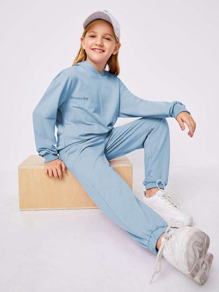 Girls Slogan Embroidered Hoodie & Joggers Set Pastel