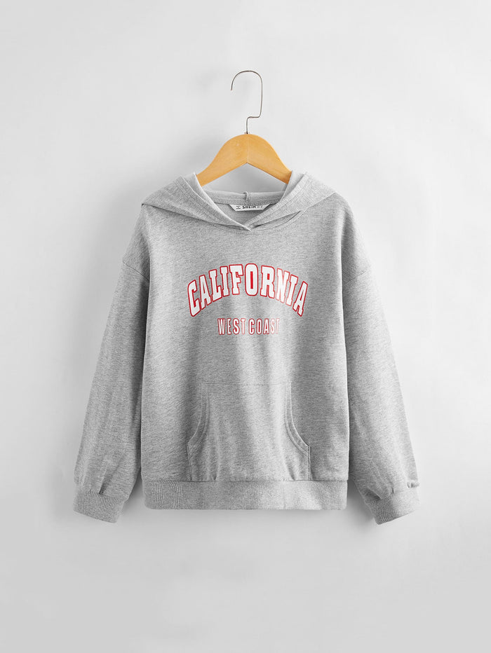 Girls Drop Shoulder Pouch Pocket Hoodie Grey