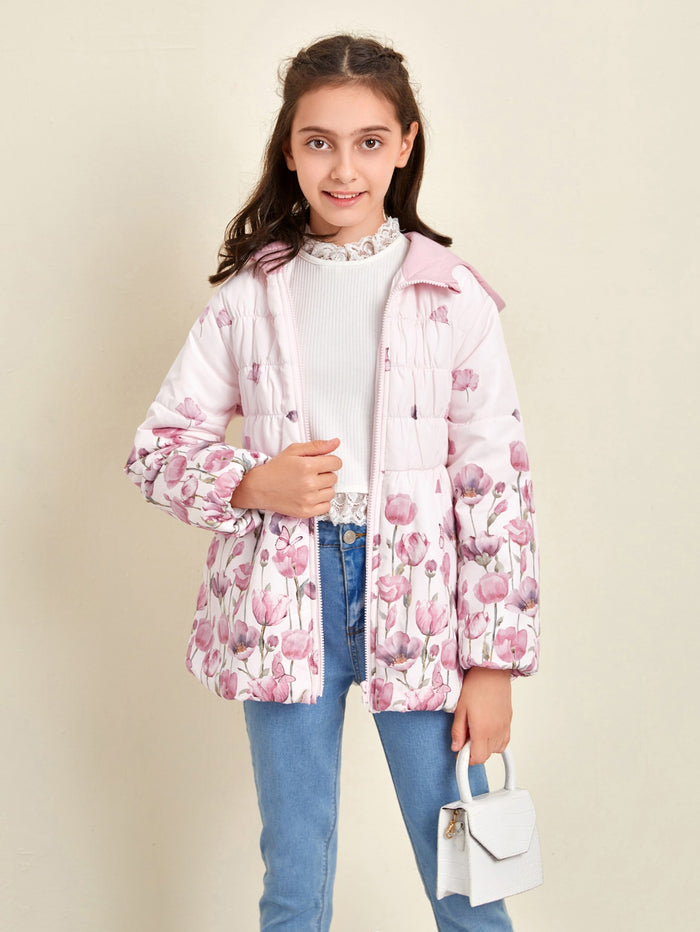 Girls Floral Print Hooded Puffer Coat
