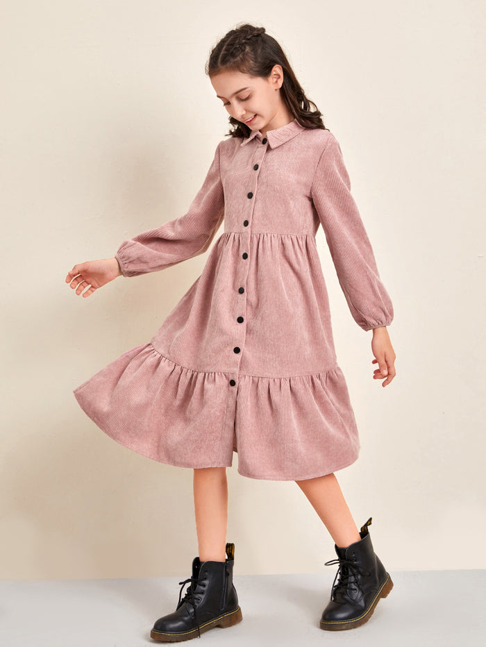 Girls Lantern Sleeve Flounce Hem Cord Shirt Dress Dusty Pink