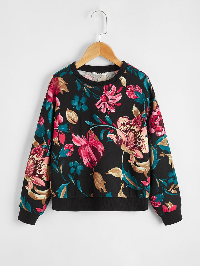 Girls Drop Shoulder Floral Print Pullover