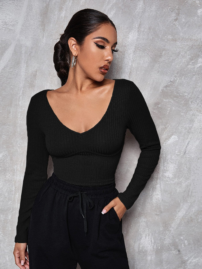 V Neck Solid Fitted Crop Tee Black