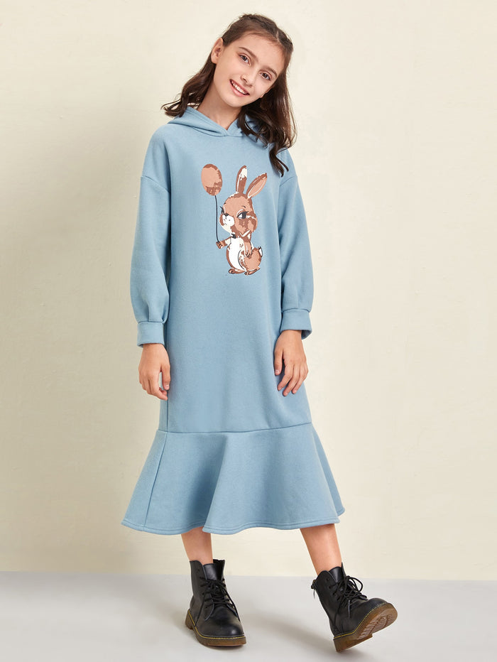 Girls Rabbit Print Drop Shoulder Flounce Hem Hoodie Dress Dusty Blue
