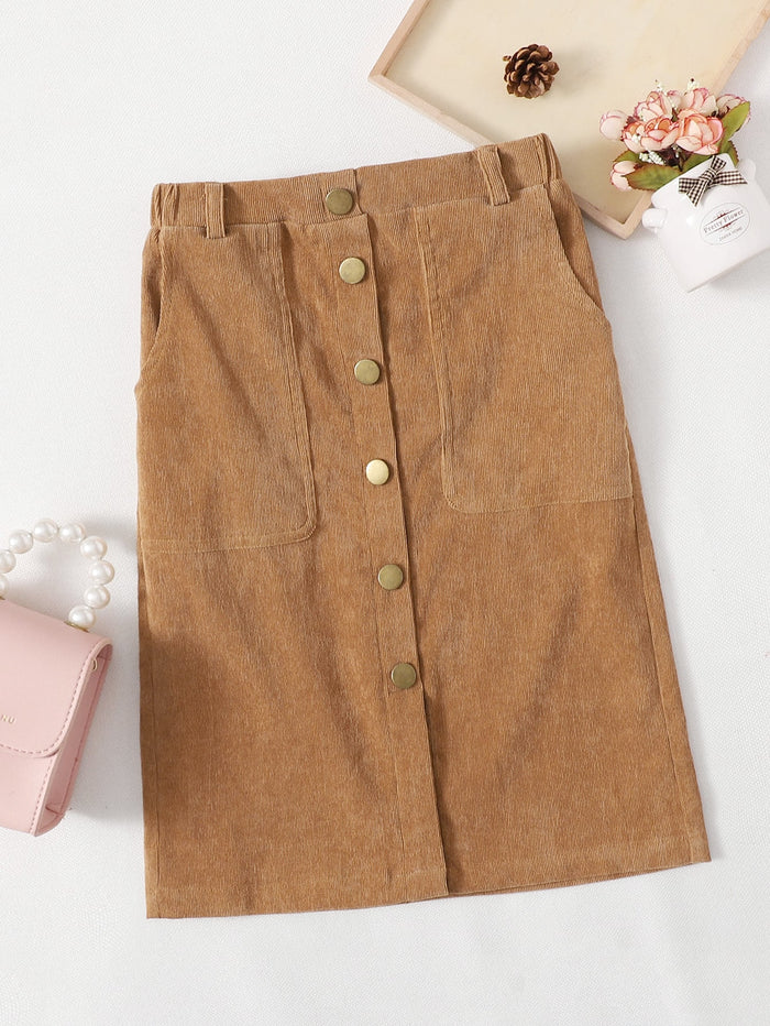 Girls Button Front Patch Pocket Cord Skirt Brown