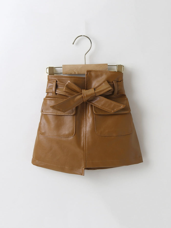 Toddler Girls Flap Pocket Belted PU Skirt Brown