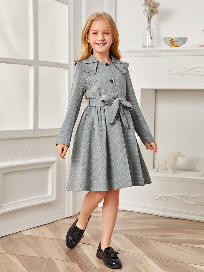 Girls Peter Pan Collar Belted Plaid Dress