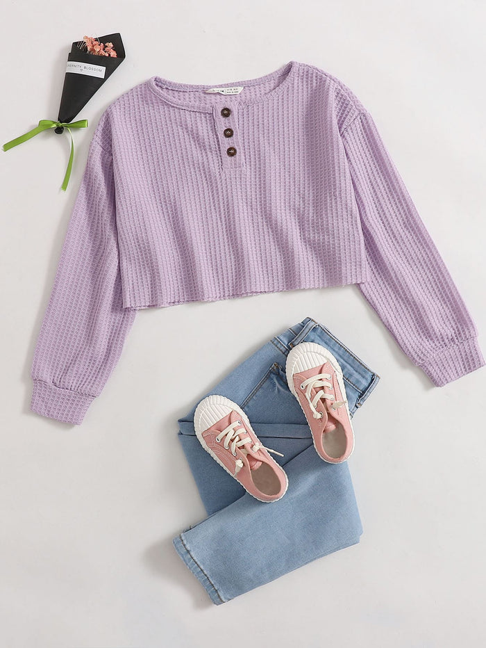 Girls Waffle Knit Henley Tee Lilac Purple