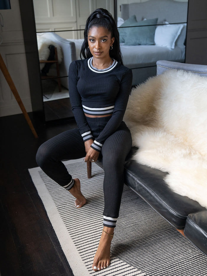 Striped Trim Rib-knit Crop Top & Pants Set