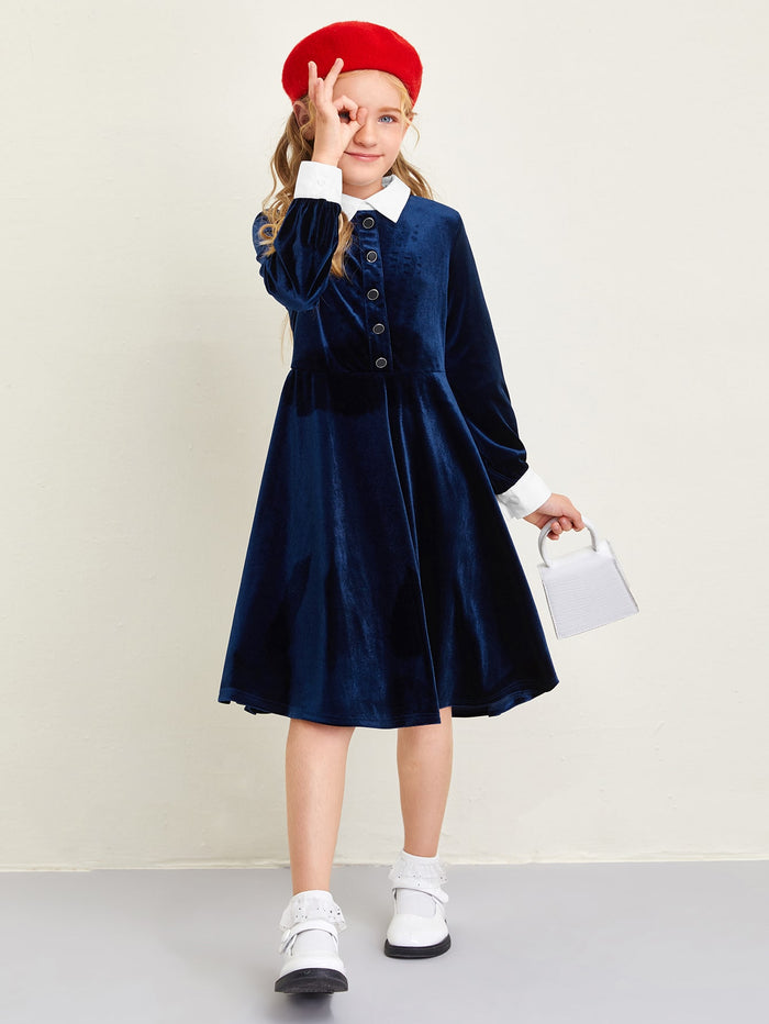 Girls Contrast Collar Button Detail Velvet Dress Navy Blue