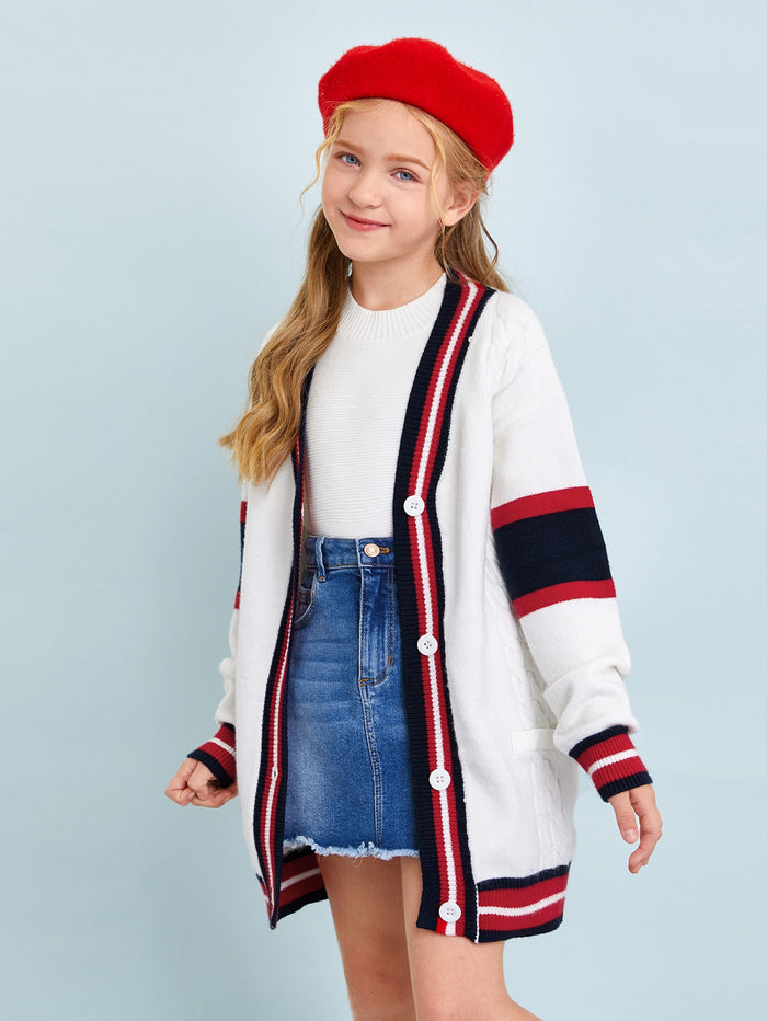 Girls Striped Trim Colorblock Button Placket Cardigan