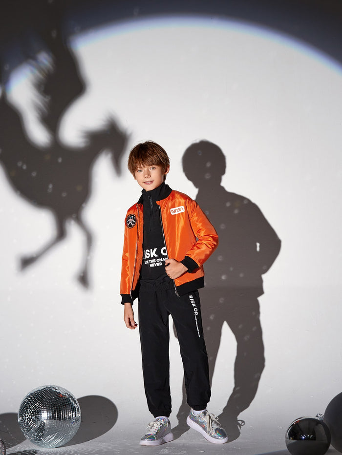 Boys Neon Orange Patched Detail Colorblock Bomber Jacket