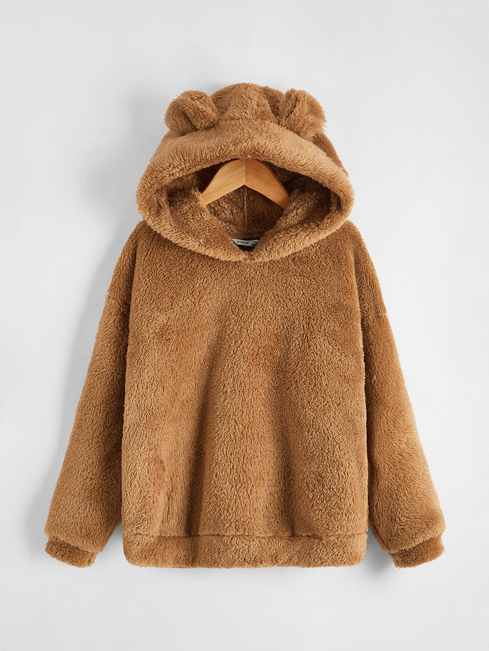 Girls Solid Teddy Ear Hoodie Camel
