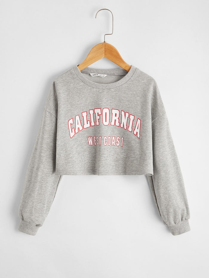 Girls Drop Shoulder Letter Graphic Crop Pullover Light Grey