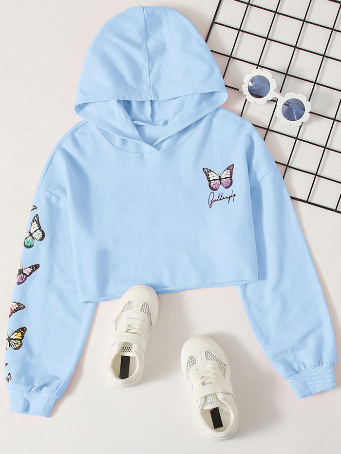 Girls Letter & Butterfly Print Hoodie Baby Blue